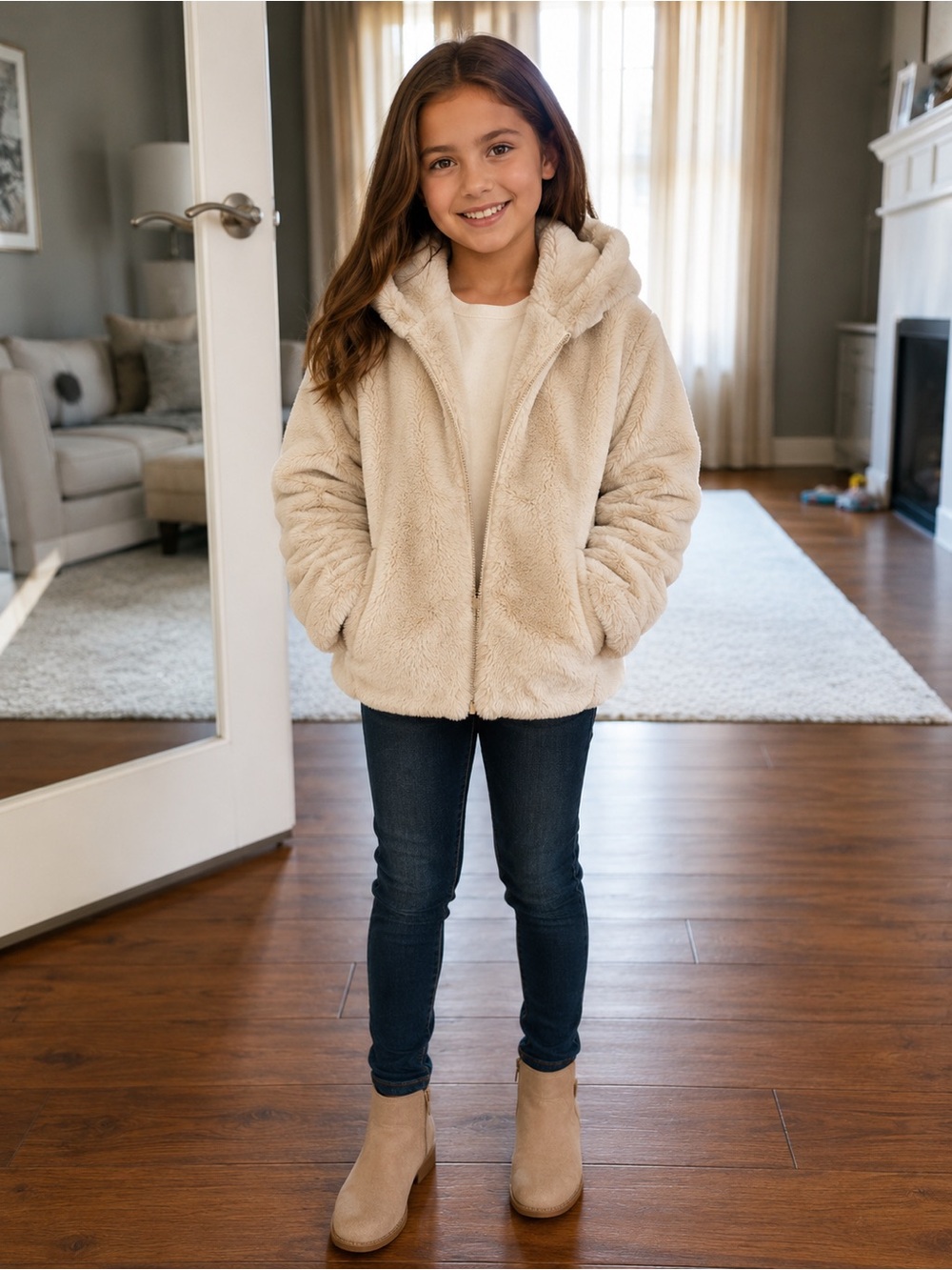 Zara Kids Cream Plush Hooded Puffer Jacket
